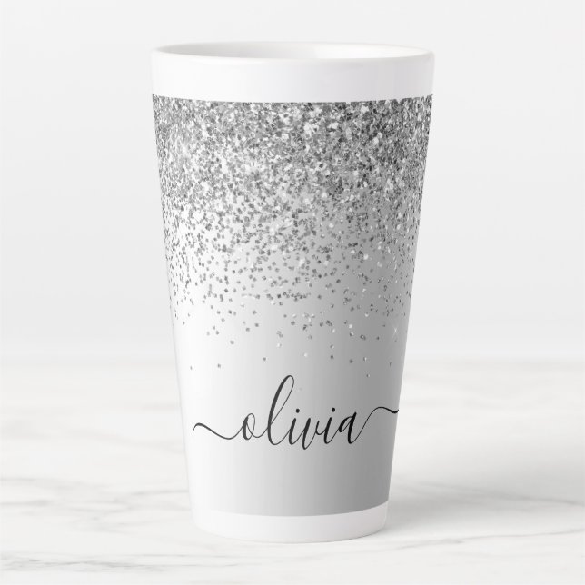 Tasse Latte Monogramme de nom en métal pailleté argent (Devant)