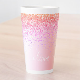 Tasse Latte Monogramme de nom en métal pailleté girly pastel a