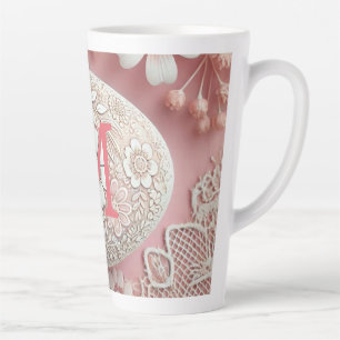 Tasse Latte Monogramme dentelle rose blanc fleuri oeuf de Pâqu