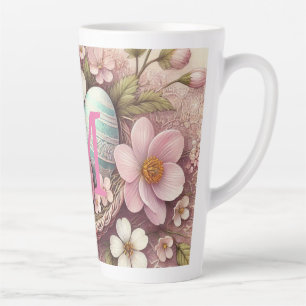 Tasse Latte Monogramme dentelle rose fleurie oeufs de Pâques d