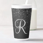 Tasse Latte Monogramme d'étincelle à Parties scintillant noire<br><div class="desc">Personnalisez facilement ce design élégant de tasse en latte avec une jolie parties scintillant brillante noire sur un arrière - plan métallique brossé noir.</div>