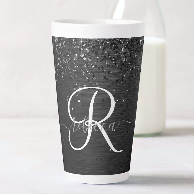 Tasse Latte Monogramme d'étincelle à Parties scintillant noire (Créateur téléchargé)