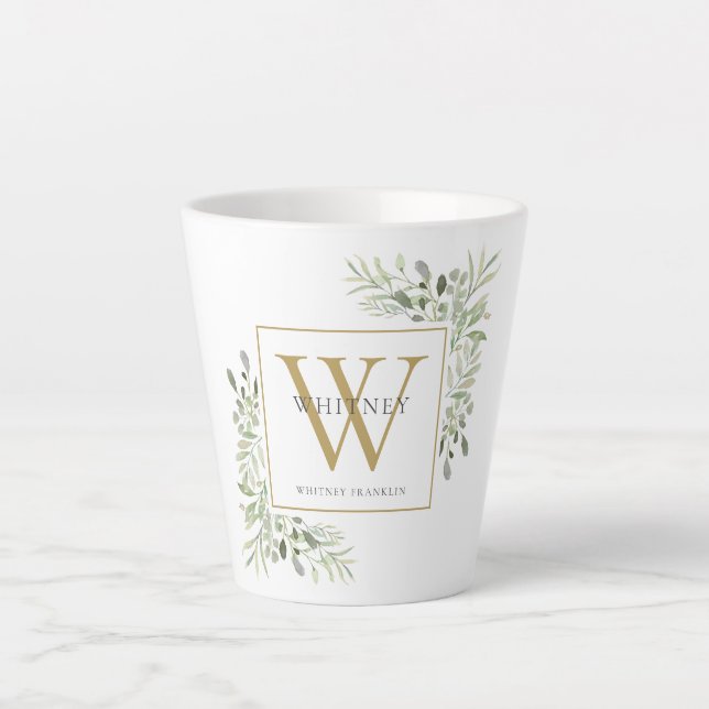 Tasse Latte Monogramme doré de verdure moderne Élégant (Devant)