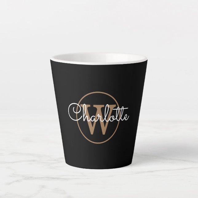 Tasse Latte Monogramme doré Élégant Script Féminin Noir (Devant)