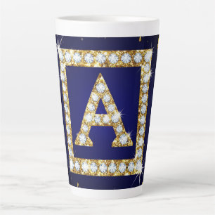 Tasse Latte Monogramme doré initial A avec paillettes bleues