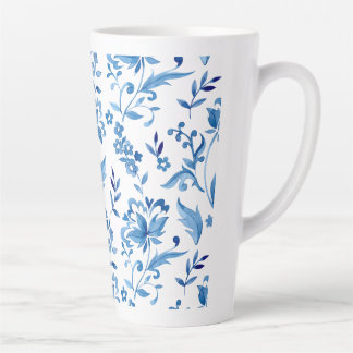 Tasse Latte Monogramme Élégant Motif Floral Bleu Vintage