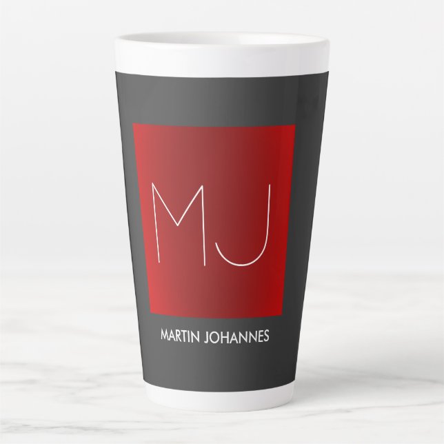 Tasse Latte Monogramme Elegant Red Grey Ajouter Nom Initiales (Devant)