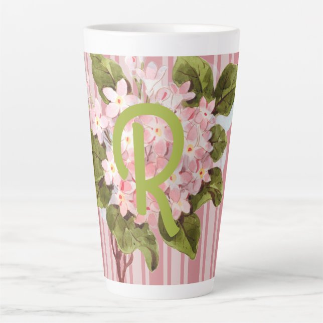 Tasse Latte Monogramme et fleurs sur rayures roses (Devant)