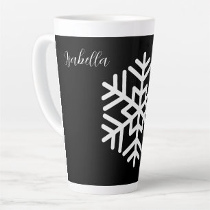 Tasse Latte Monogramme et Grande Flocon de Neige Blanc sur Fon