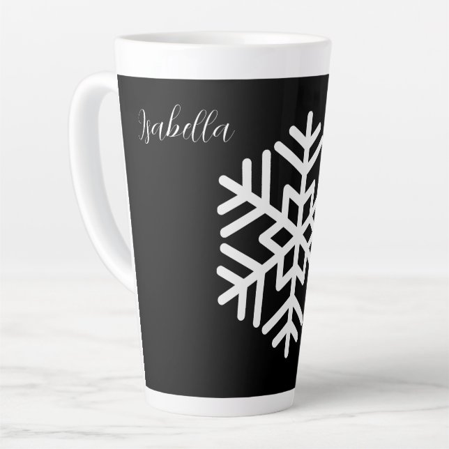 Tasse Latte Monogramme et gros flocon blanc sur noir (Angle gauche)