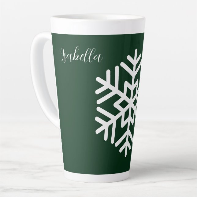 Tasse Latte Monogramme et gros flocon de neige blanc sur vert (Angle gauche)