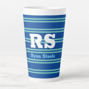 Tasse Latte Monogramme et nom gras, lignes sarcelle clair sur