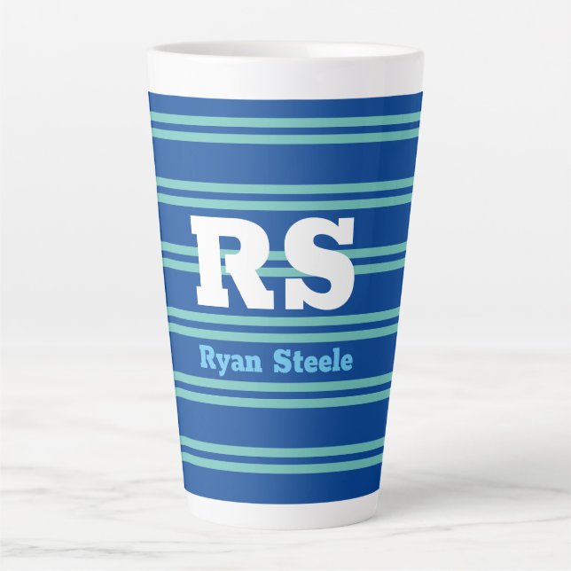 Tasse Latte Monogramme et nom gras, lignes sarcelle clair sur  (Devant)