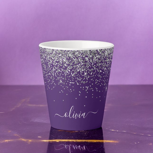 Tasse Latte Monogramme Féminin Paillettes Argent Violet  (Créateur téléchargé)