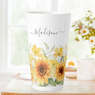 Tasse Latte Monogramme Fleur Jaune Tournesol Floral Botanique