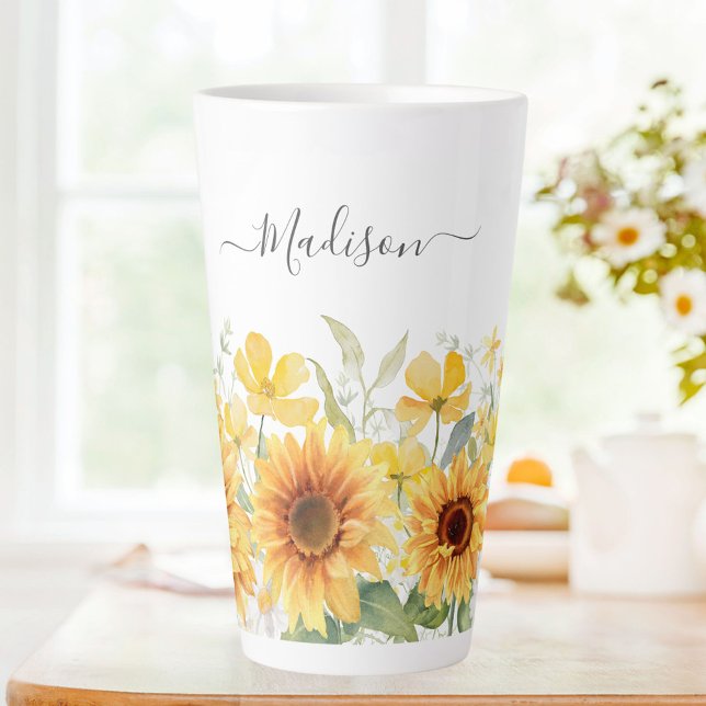 Tasse Latte Monogramme Fleur Jaune Tournesol Floral Botanique (In situ)