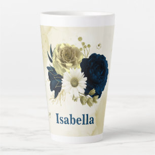 Tasse Latte monogramme fleurs bleu marine ivoire or