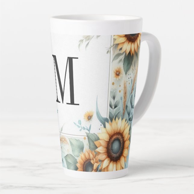 Tasse Latte Monogramme Fleurs de chute et fleurs de soleil aqu (Angle droit)