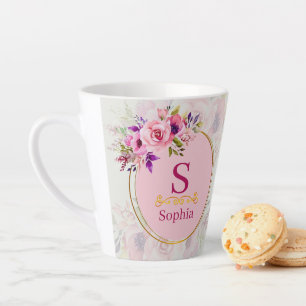 Tasse Latte Monogramme floral aquarelle I Initiale dorée perso