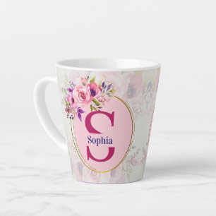 Tasse Latte Monogramme floral aquarelle personnalisé avec nom