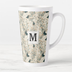Tasse Latte Monogramme Floral Papillon Bleu Vintage
