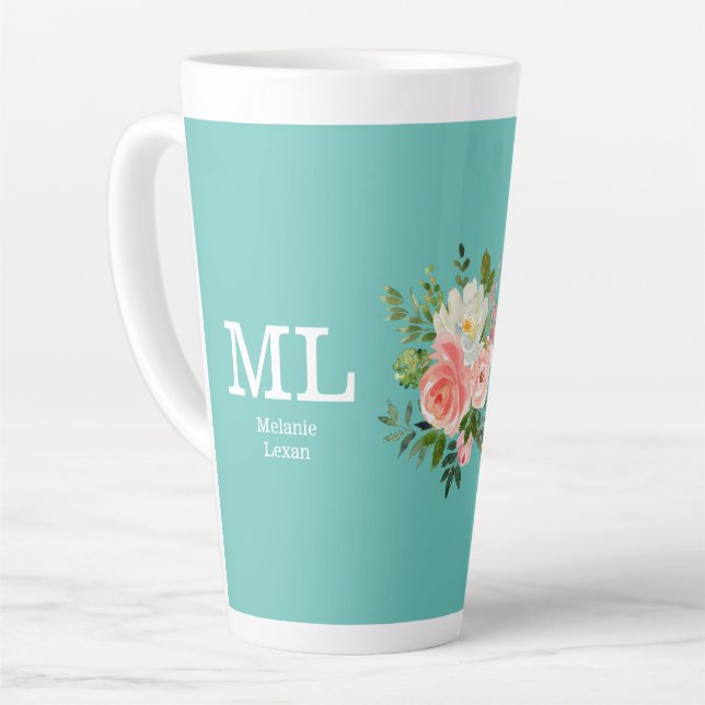 Tasse Latte Monogramme floral rose et sarcelle    (Angle gauche)