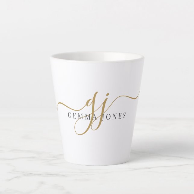Tasse Latte Monogramme Gold Noir tendance Nom initial du scrip (Devant)