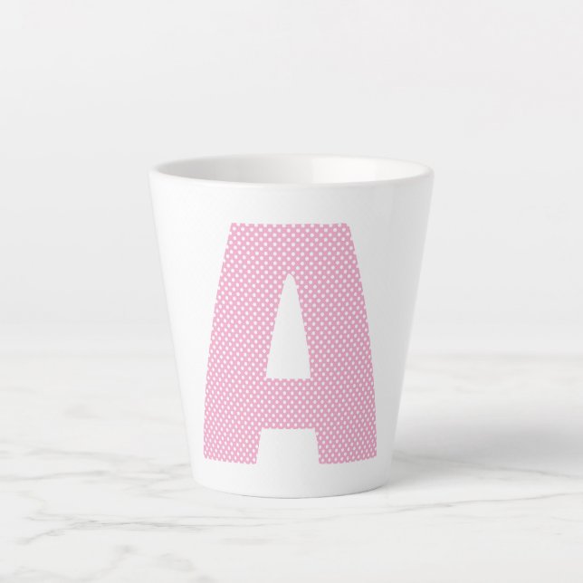 Tasse Latte Monogramme Gras en Points Polka Rose Clair et Blan (Devant)