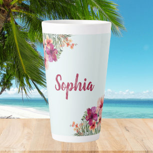 Tasse Latte Monogramme Hibiscus rose Fleurs tropicales florale