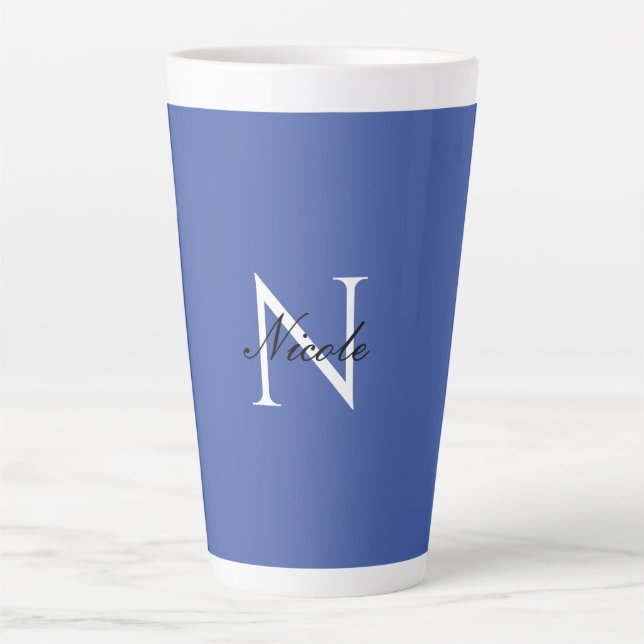 Tasse Latte Monogramme initial manuscrit propre nom bleu (Devant)