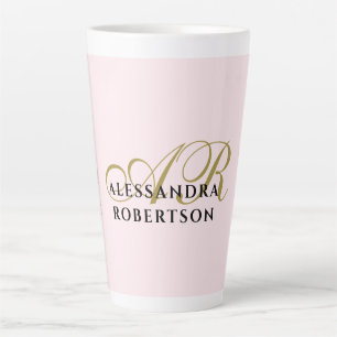 Tasse Latte Monogramme Minimaliste Rose Pâle Or Noir Nom 