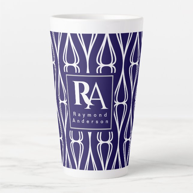Tasse Latte Monogramme Motif blanc de la marine moderne (Devant)