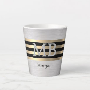 Tasse Latte Monogramme & nom DIY, noir argent brossé or jaune
