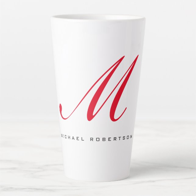 Tasse Latte Monogramme Nom initial Blanc Rouge Unique Minimali (Devant)