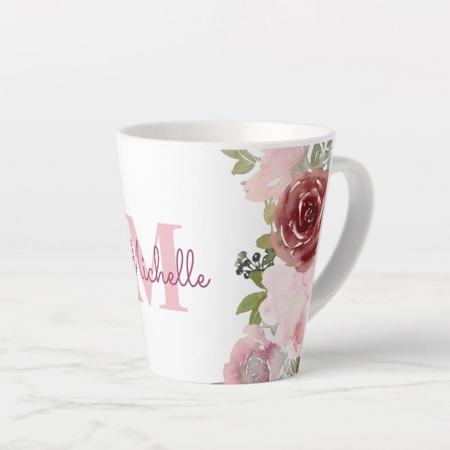 Tasse Latte Monogramme Nom initial Rose Rose Aquarelle Florale (Angle droit)
