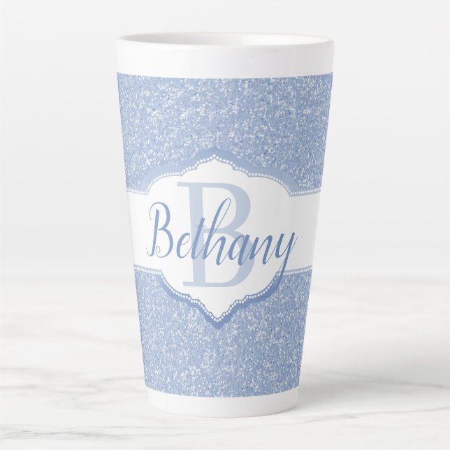 Tasse Latte Monogramme Parties scintillant bleu ciel (Devant)