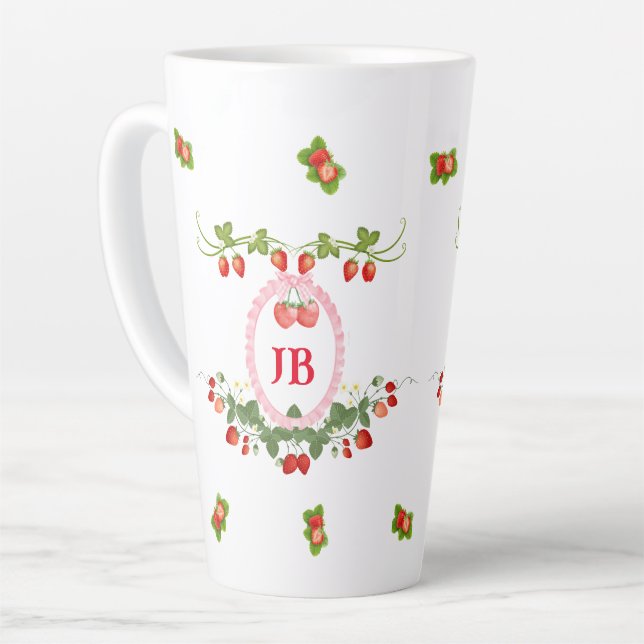 Tasse Latte Monogramme personnalisé de fraise (Angle gauche)
