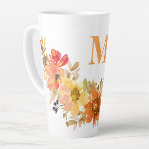 Tasse Latte Monogramme Première Aquarelle Orange Chute Florale