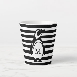Tasse Latte Monogramme rayé noir et blanc pingouin