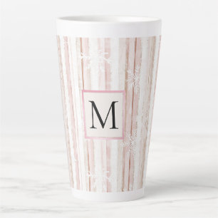 Tasse Latte Monogramme Rayures Flocons de Neige Rose Blanc