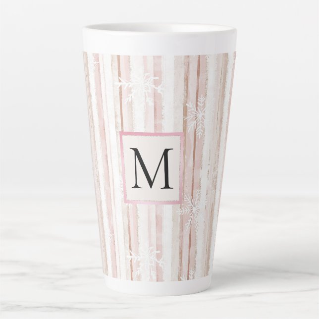 Tasse Latte Monogramme Rayures Flocons de Neige Rose Blanc (Devant)