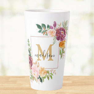 Tasse Latte Monogramme Roses Fleur Floral Aquarelle Coloré
