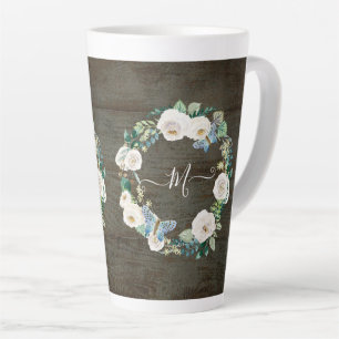 Tasse Latte Monogramme Rustique papillon floral Aquarelle Bois