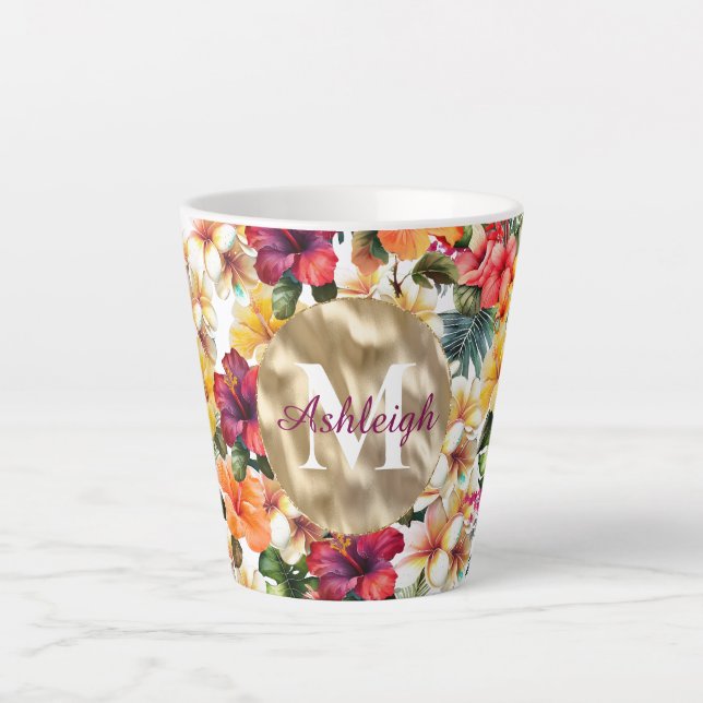 Tasse Latte Monogramme Tropical Rouge Jaune Hibiscus Fleurs (Devant)