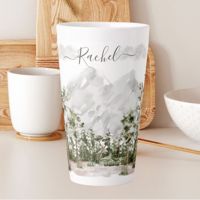 Tasse Latte Montagne et forêt aquarelle monogrammée (In situ kitchen)