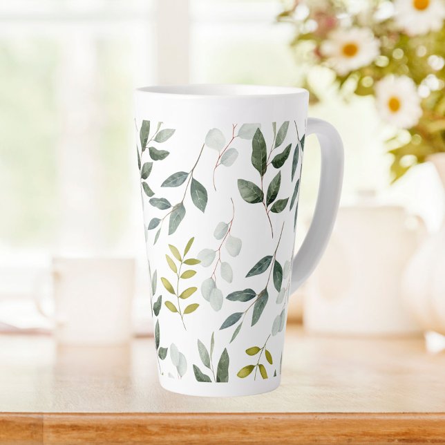 Tasse Latte Motif aquarelle de feuilles vertes (In situ)