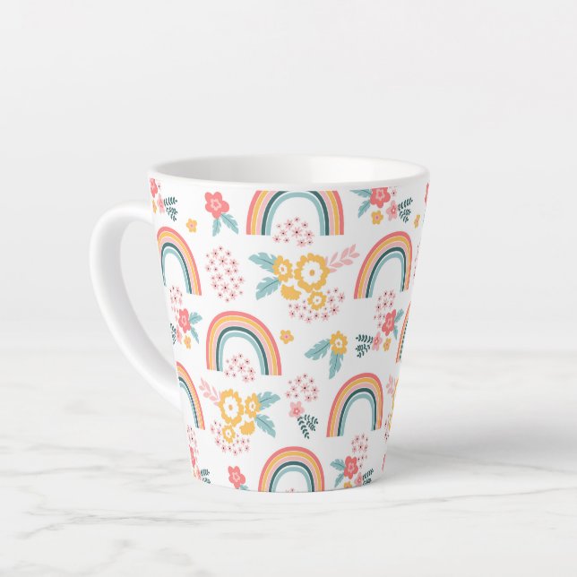 Tasse Latte Motif arc-en-ciel fleuri coloré (Angle gauche)