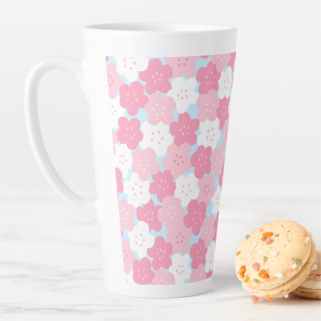 Tasse Latte Motif blanc et rose en fleurs de cerisiers (En situation)