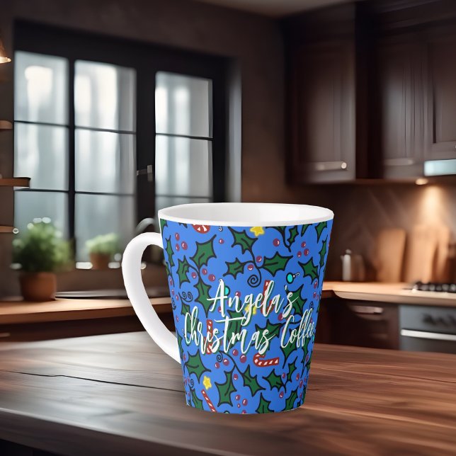 Tasse Latte Motif Café Noël Bleu (This is a hand-drawn design.)