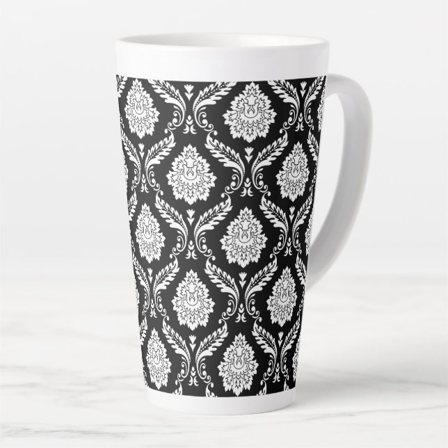 Tasse Latte Motif Damassé Rococo Blanc sur Noir (Angle droit)